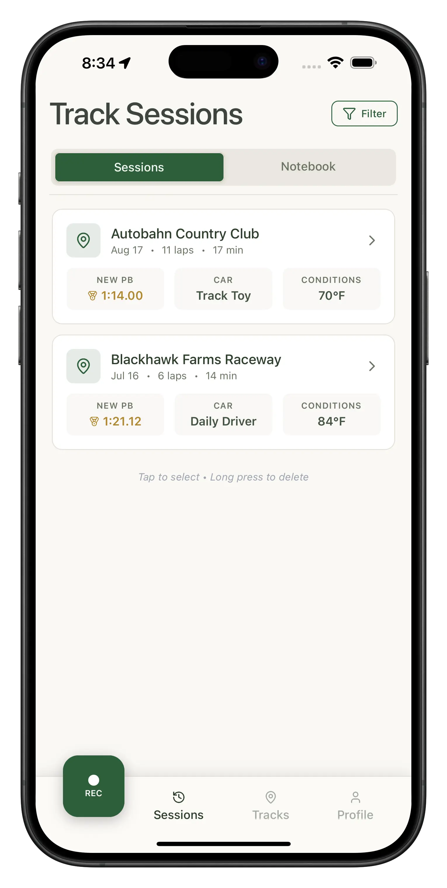 Stint app interface showing session management features