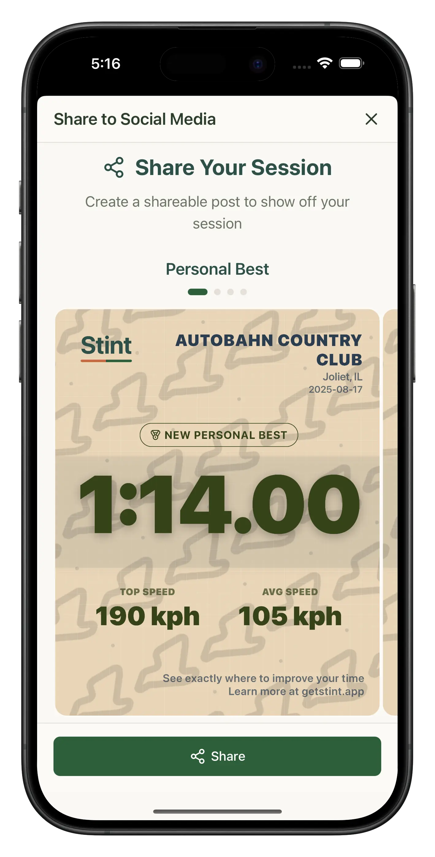 Stint app interface showing build on every session features - 3